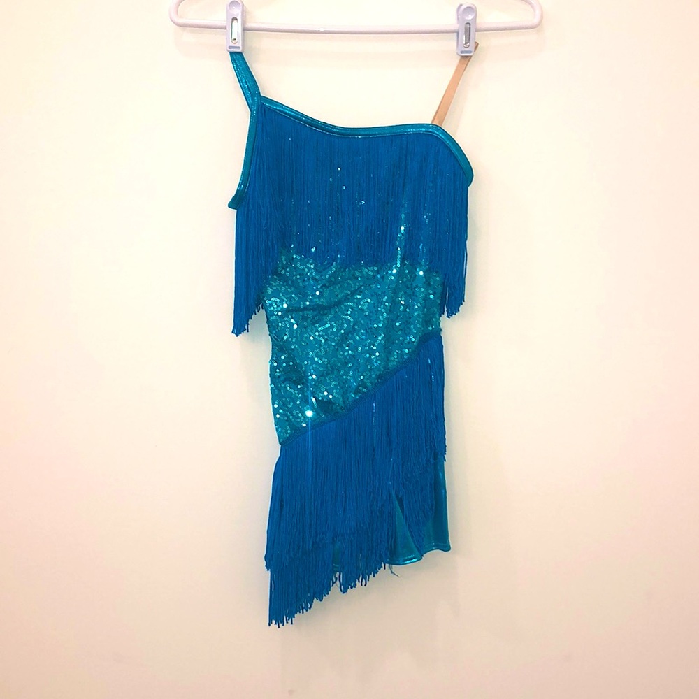 Weissman Jazz Ballet Performance; Teal, fringe, sequins, shorts Large